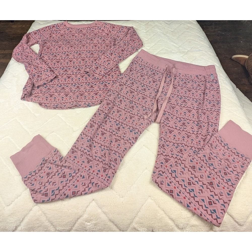 Eddie Bauer Womens Waffle Knit Pajama Set Pink Geometric Fair Isle Loungewear